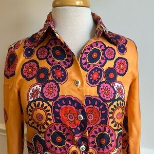Skirtin Around Silk Blouse Orange Navy Paisley Floral Size 2 EUC